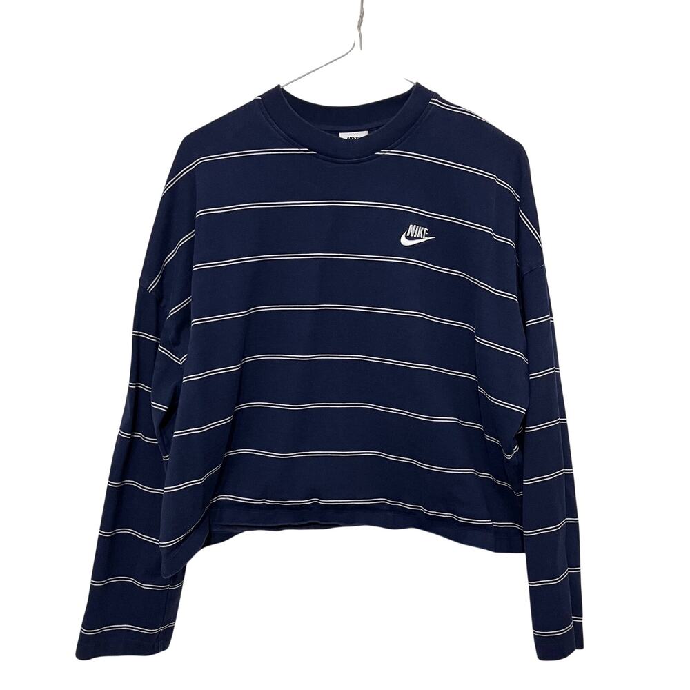Nike Sweatshirt Womens Large Blue White Striped Pullover Athleisure Retro Crop